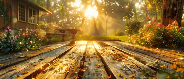 Sunlit Wooden Table in a Forest Setting Creating a Natural and Rustic Backdrop for Outdoor Product Displays or Gatherings