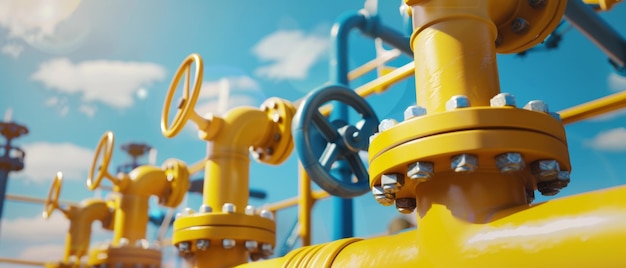 Sunlit yellow gas pipes with valves against a clear blue sky