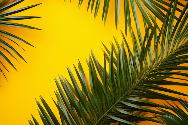 Sunny aesthetics tropical palm leaves on a vibrant yellow background