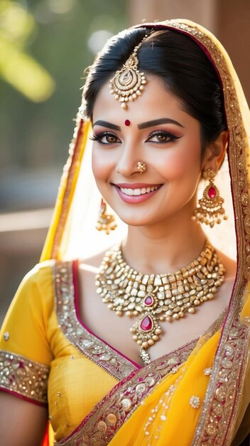 Sunny Allure Radiant Portrait of an Indian Bride in a Gorgeous Yellow Lehenga Illuminating the Essence of Bridal Beauty generative ai