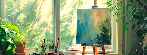 Sunny art studio with paints and canvas