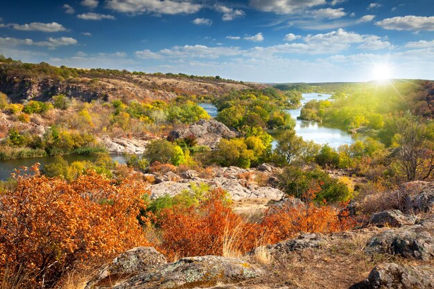 Sunny Autumn Day Panoramic view of the river