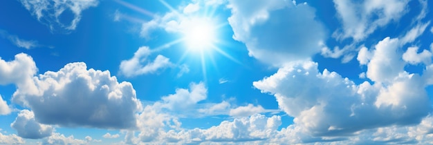 Sunny background blue sky with white clouds and sun Generative AI