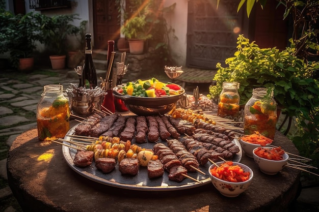 Sunny barbecue Picanha sausages vegetables and drinks generative IA