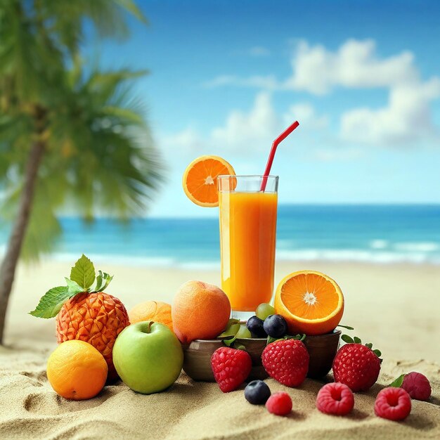 Sunny Beach Bliss Closeup Fruits and Refreshing Juice