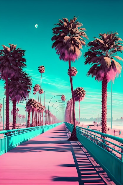 Sunny beach boardwalk whit palm trees retro style hand drawn illustration