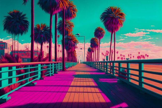 Sunny beach boardwalk whit palm trees retro style hand drawn illustration