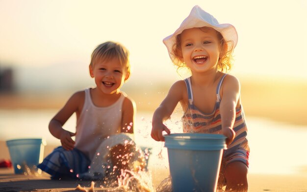 Foto sunny beach, bambini felici che giocano