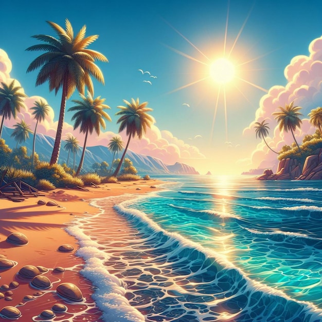 太陽が降り注ぐビーチとヤシの木の風景