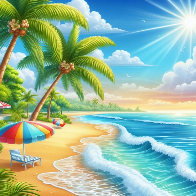 Sunny beach and palm trees landscape