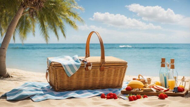 晴れたビーチでピクニックを満喫 バスケットとバッグで穏やかな休暇を