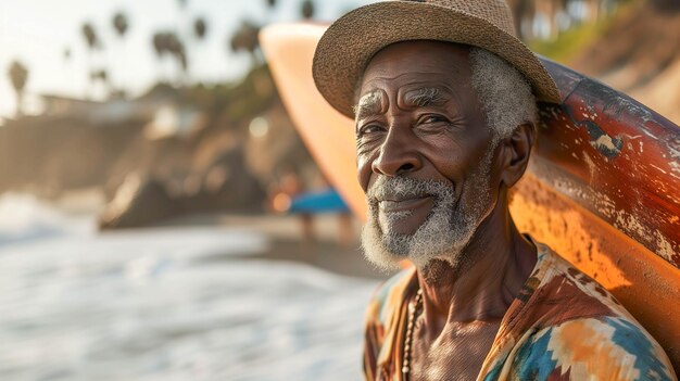 サニー・ビーチ・リタイア アフリカ系アメリカ人 サーフボード付きのシニア