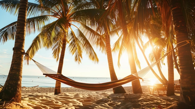 Солнечная пляжная сцена с гамаком, привязанным между двумя пальмами