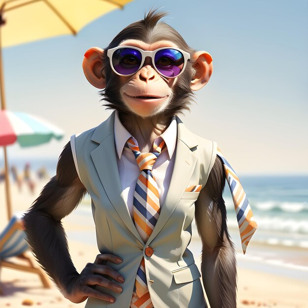 Photo at the sunny beach there stands a young anthropomorphic monkey exuding style and confidence in her