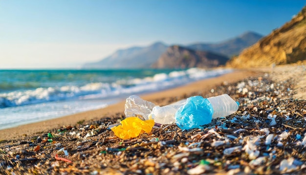 Foto vista sulla spiaggia soleggiata rovinata dalle onde di rifiuti di plastica che depositano detriti sulla riva evidenziando l'ambiente