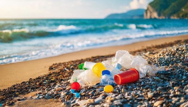Foto vista sulla spiaggia soleggiata rovinata dalle onde di rifiuti di plastica che depositano detriti sulla riva evidenziando l'ambiente