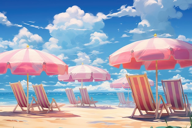 sunny beach view with cotton candy clouds and colorful beach umbrellas