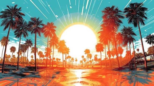 Солнечный пляж с пальмами Фантастическая концепция Иллюстрация живопись