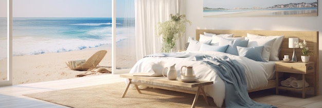 Sunny beachfront bedroom interior with cozy bed setup serene ocean view and modern decor accents