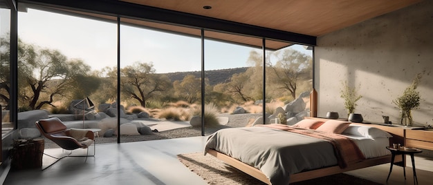 Sunny bedroom interior in natural scandinavian style