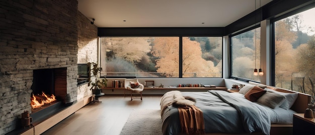 Sunny bedroom interior in natural scandinavian style