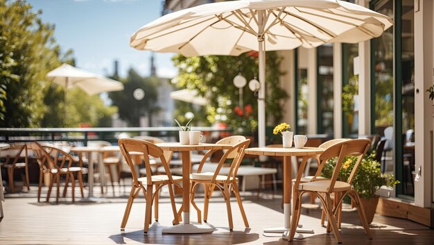 Photo sunny cafe table chairs and umbrella