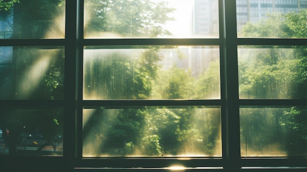 Sunny City View Through Glass Window on a Hot Summer Day