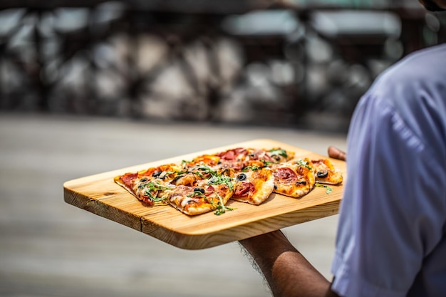 Sunny closeup in outdoor restaurant waiter bring tasty Italian pizza to customers hold wooden tray