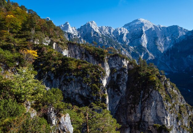 日当たりの良いカラフルな秋の高山シーン アルムゼー湖アッパー オーストリアの近くのハイキング パスからの静かなロッキー マウンテン ビュー