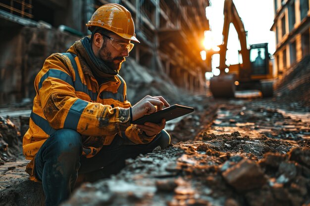 On a sunny construction site a male civil engineer wearing protective goggles