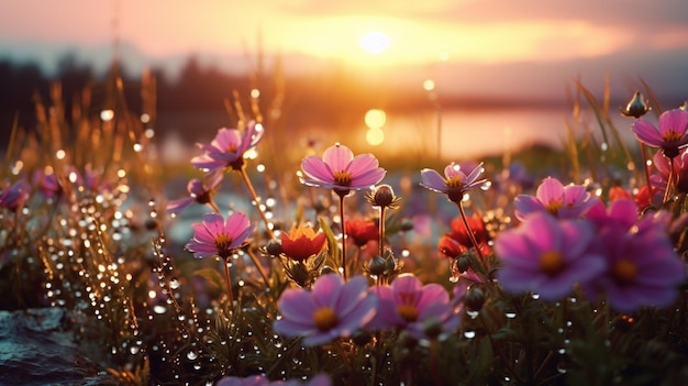 Sunny dawn on a flower meadow after rain