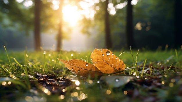 Photo sunny dawn in an overgrown forest after rain