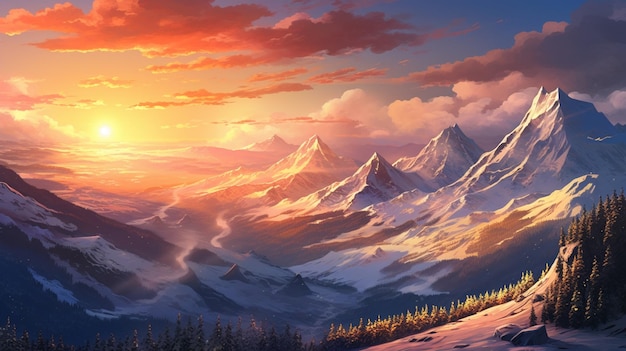 Photo sunny dawn in snowy mountains