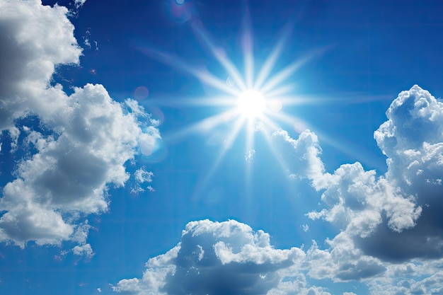 Sunny day background blue sky with cumulus clouds and summer or spring sun as nature background