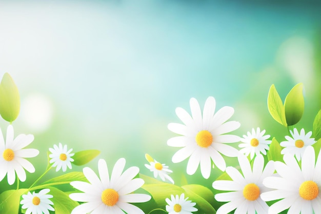 Sunny day background with daisies and leaves copy space for your text