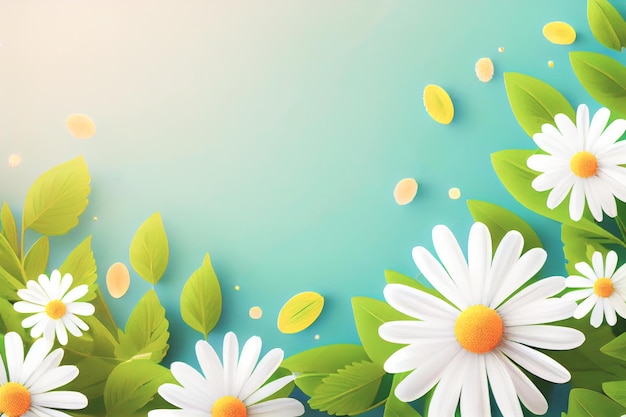 Sunny day background with daisies and leaves copy space for your text