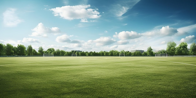 Sunny day blue sky at a stadium a grassy football pitch
