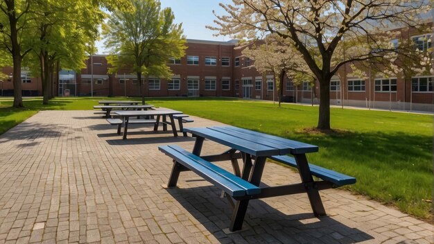 Sunny day at a campus with picnic tables