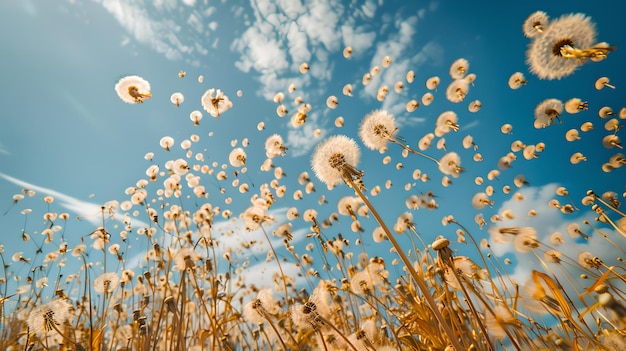 Sunny day captured through dandelions in full bloom low angle view of a blue sky with fluffy seed heads natures beauty highlighted by photography AI