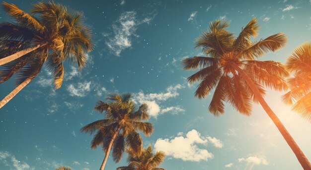 a sunny day over coconut palm trees overlooking the blue sky