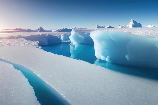 A sunny day in cold Antarctica. Antarctic icebergs. Reflection of icebergs in clear deep water.