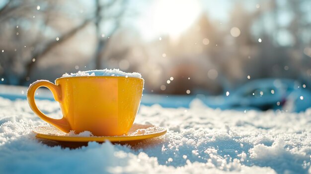 On a sunny day in the cold yellow cup filled with hot coffee is placed outside in the snow Generative AI