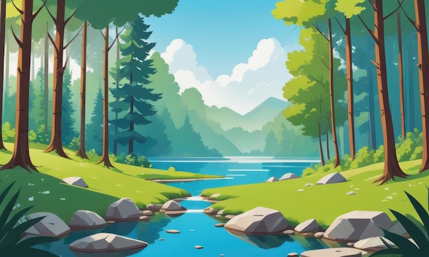 Sunny day in green forest with blue lake cartoon illustration of clear fresh water