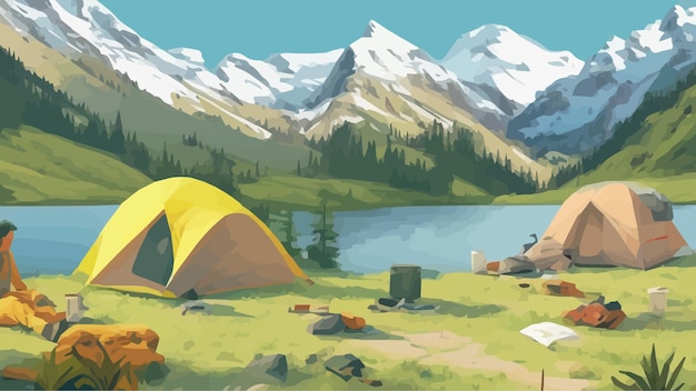 Sunny day landscape illustration in flat style with tent campfire mountains