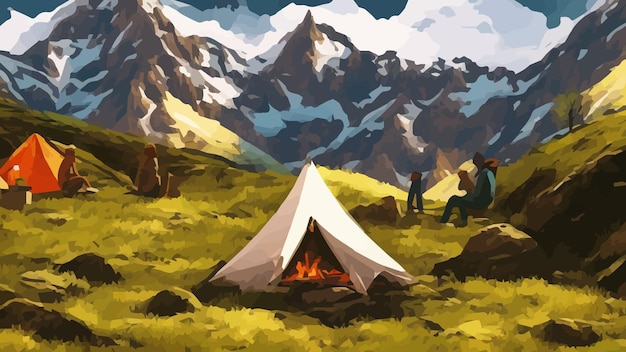 Sunny day landscape illustration in flat style with tent campfire mountains