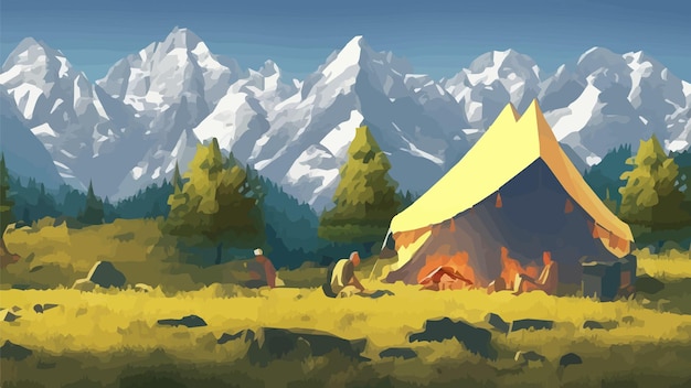 Sunny day landscape illustration in flat style with tent campfire mountains