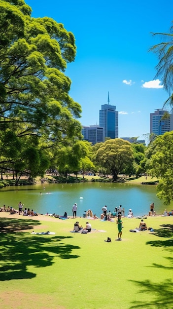 a sunny day in a park with a lake and people sitting on the grass