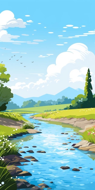 Sunny Day River Flat Vector Illustratie met Pastel Kleuren