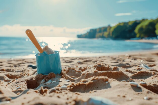 Sunny day and sandcastle with shovel on the beach