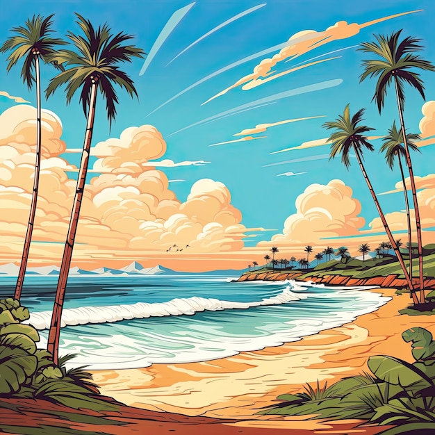 A sunny day on a sandy beach with palm trees and a blue ocean Generative AI